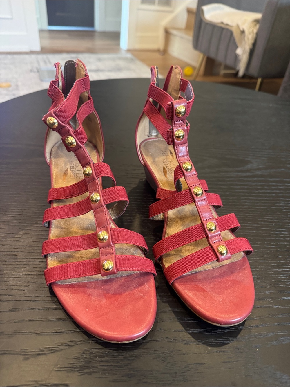 AEROSOLES Red Strappy Studded Gladiator Sandals